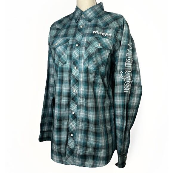 NWT Wrangler Boys XXL Light Blue Plaid Logo Button Down Shirt Western Cowboy - Picture 3 of 8